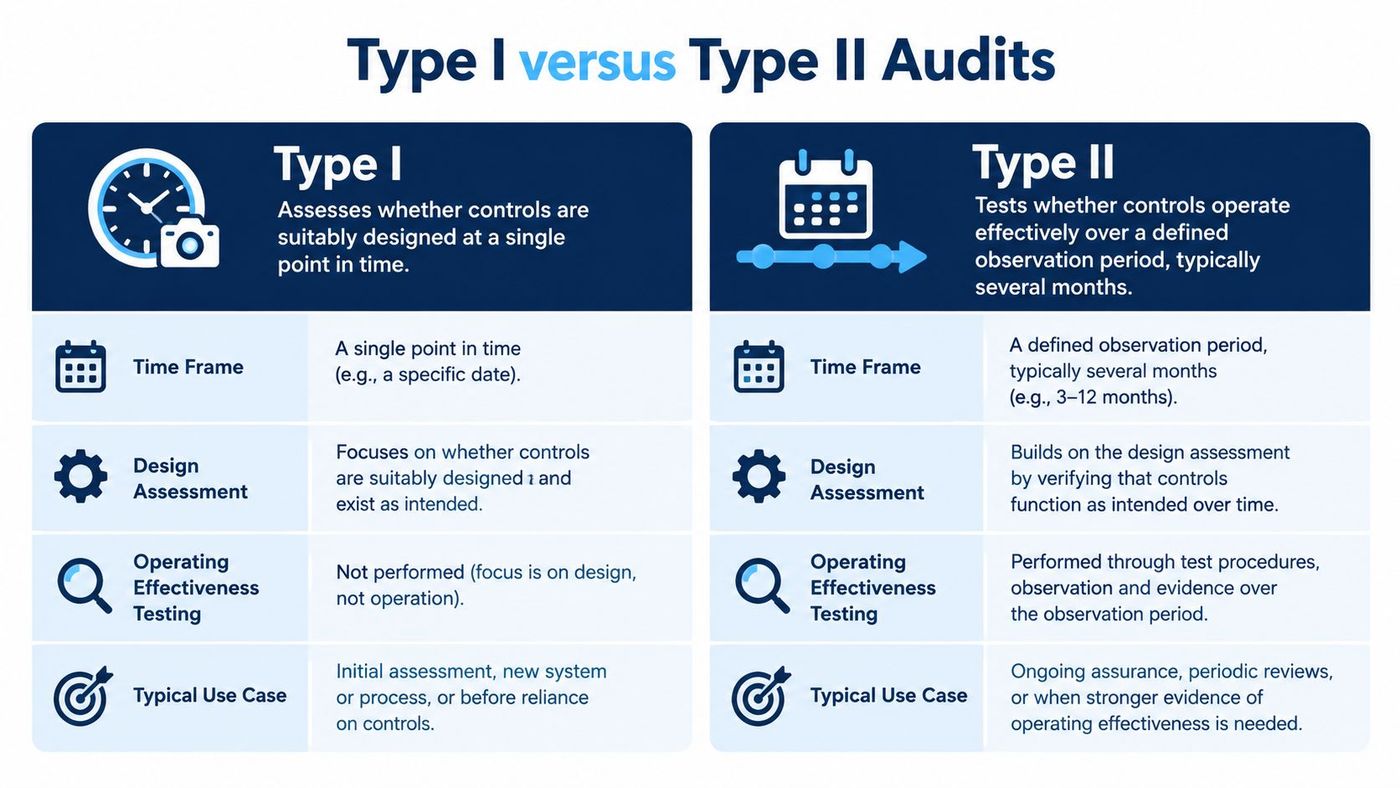 A comparison chart explaining the differences between Type I and Type II audits in compliance standards.