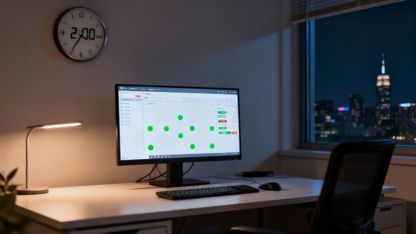 A vigilant IT professional monitors multiple screens displaying network health and security alerts in a modern data centre, representing 24/7 monitoring and support.