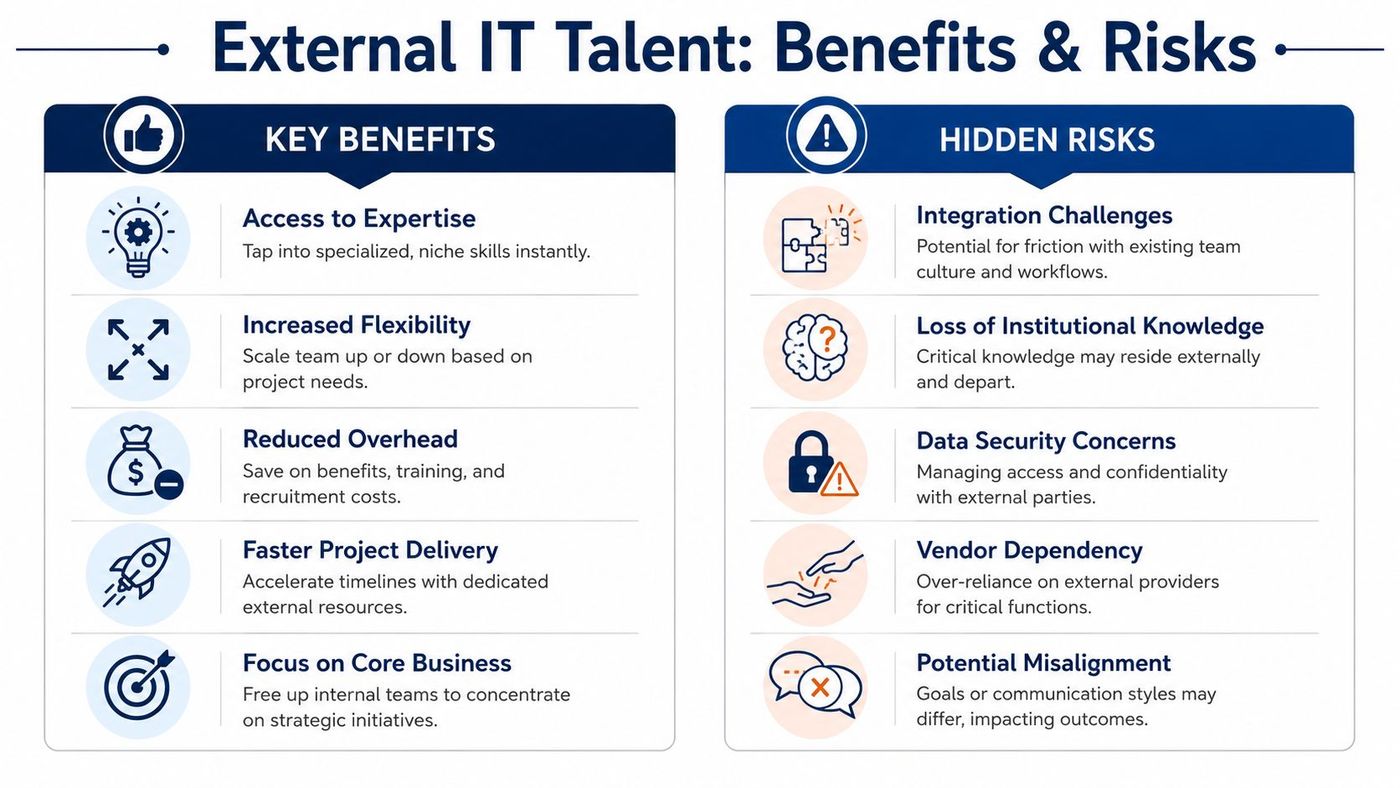 A comparison chart outlining the key benefits and hidden risks of utilizing external IT staffing solutions.