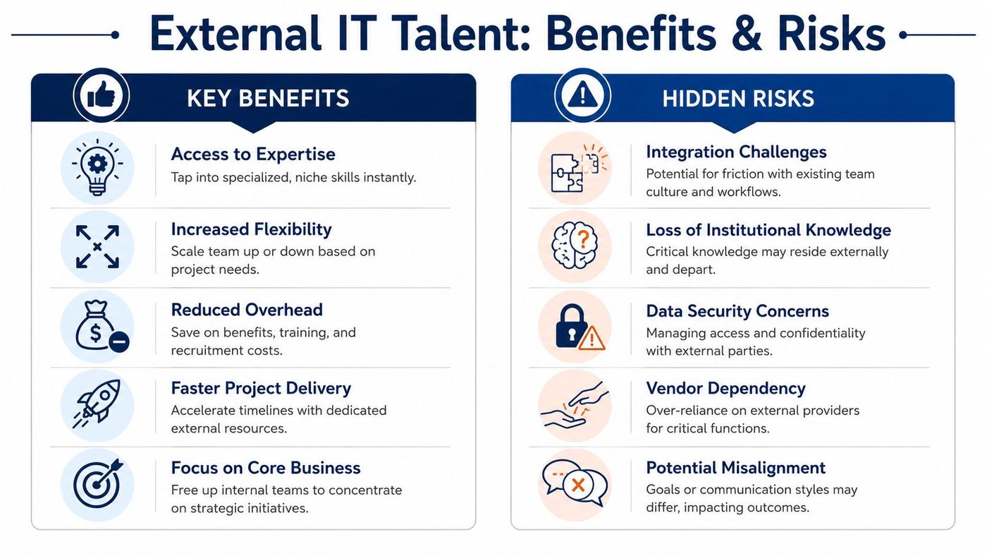 A comparison chart outlining the key benefits and hidden risks of utilizing external IT staffing solutions.