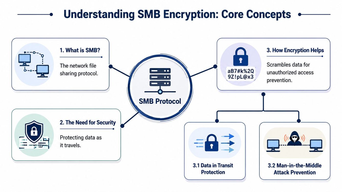 A diagram illustrating the core concepts of SMB encryption, including its definition, security needs, and protection benefits.