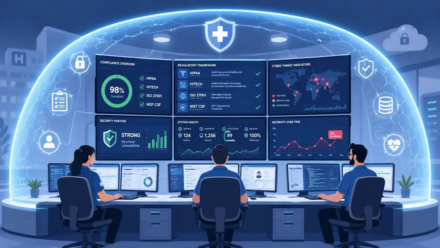 A team of cybersecurity experts monitoring a digital dashboard showing healthcare IT compliance and threat status.