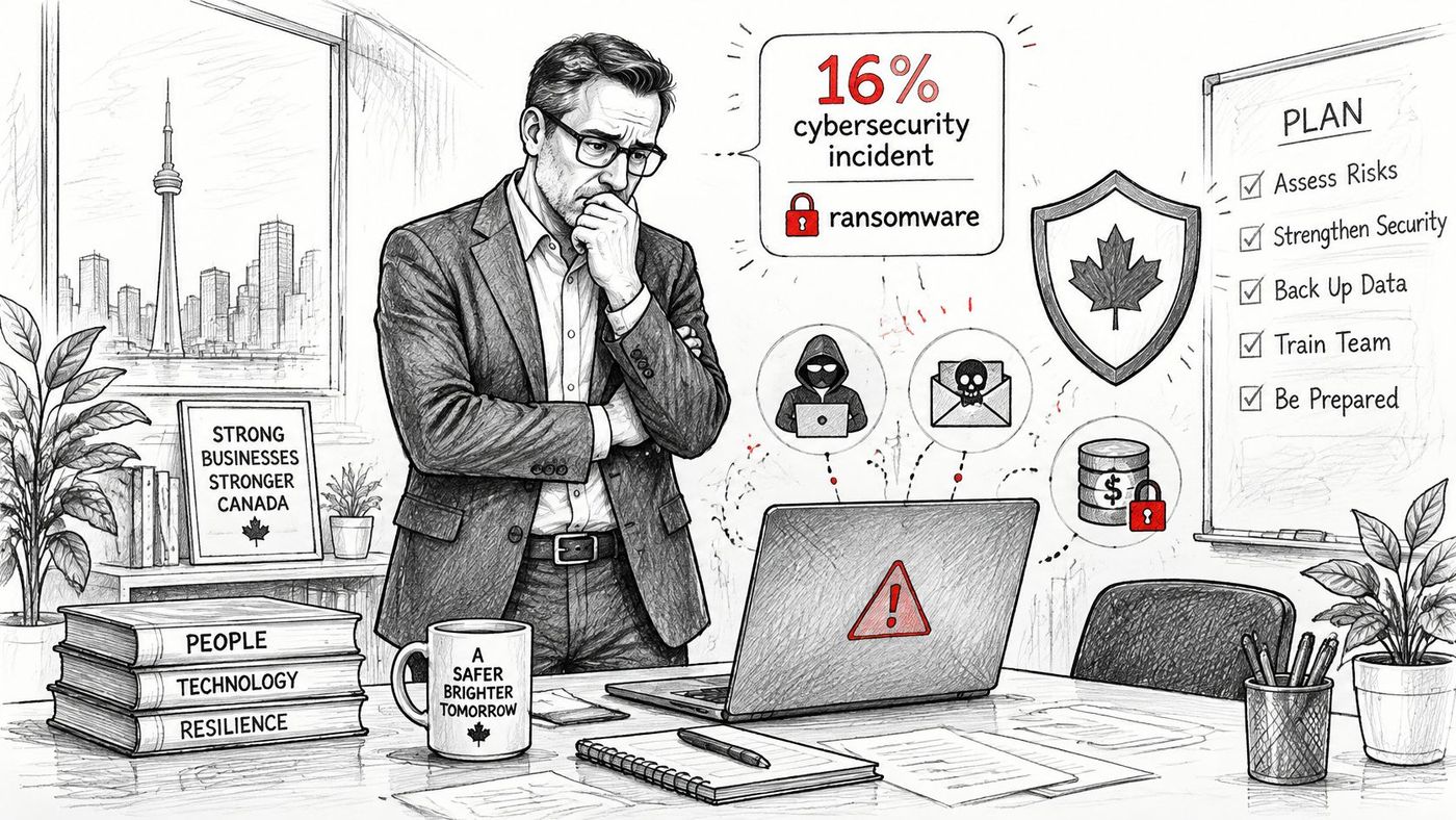 A concerned business professional analyzing cybersecurity risks and ransomware threats in a Canadian office setting.