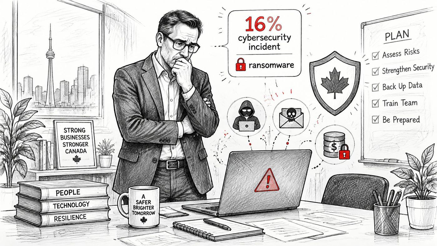A concerned business professional analyzing cybersecurity risks and ransomware threats in a Canadian office setting.
