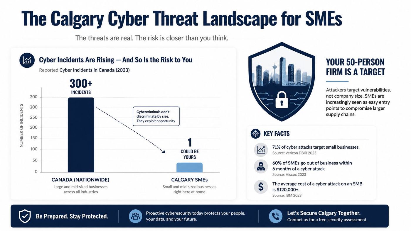 An infographic showing cyber threat statistics for small and medium-sized businesses in Calgary and Canada.