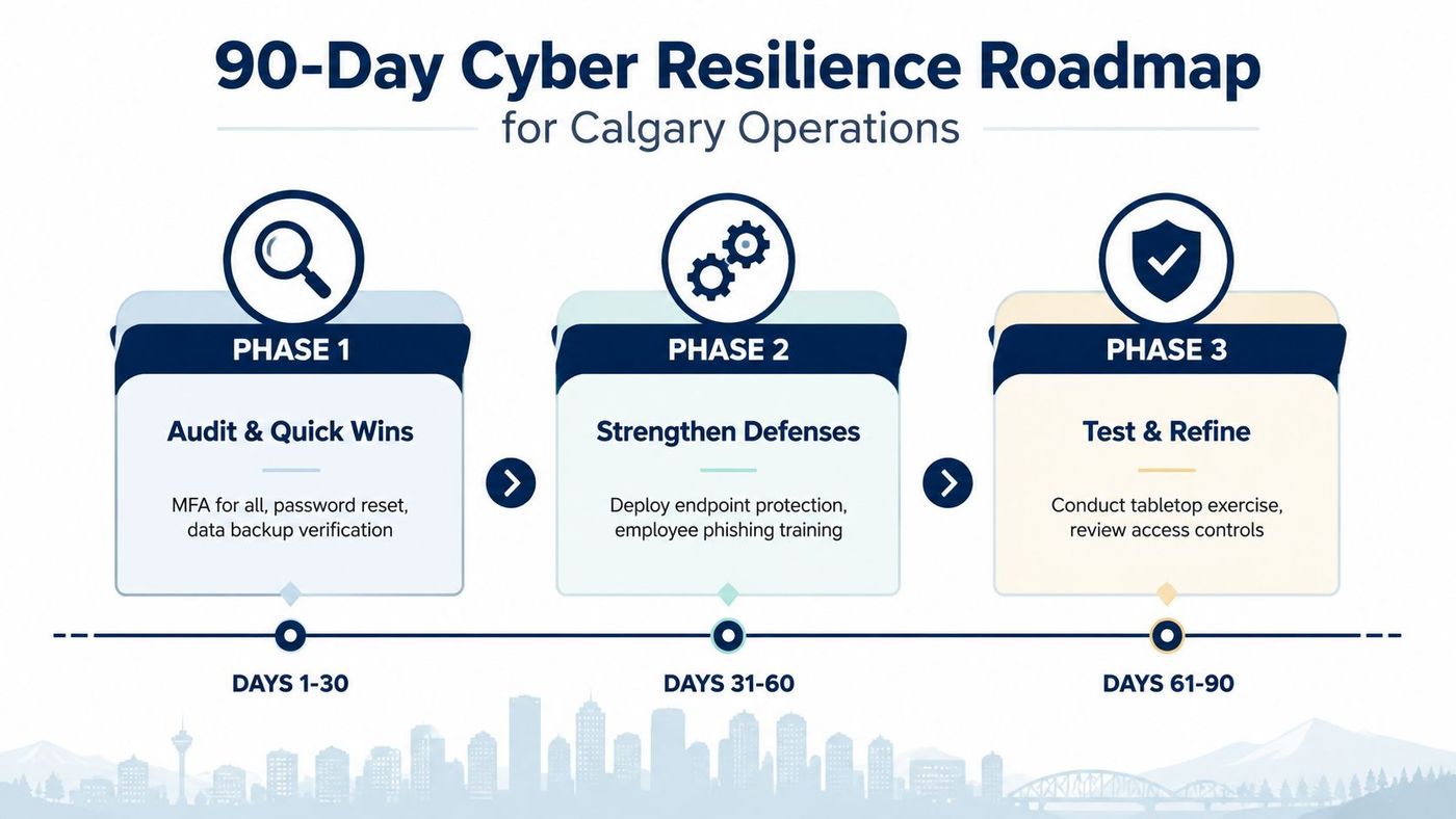 A 90-day cyber resilience roadmap for Calgary operations broken down into three phases of security improvements.