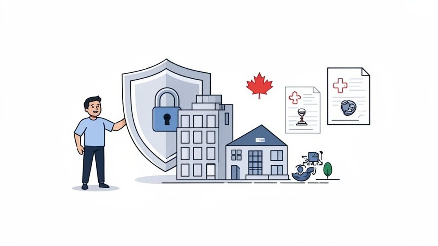 Illustration of a man with a security shield, protecting buildings and Canadian documents.