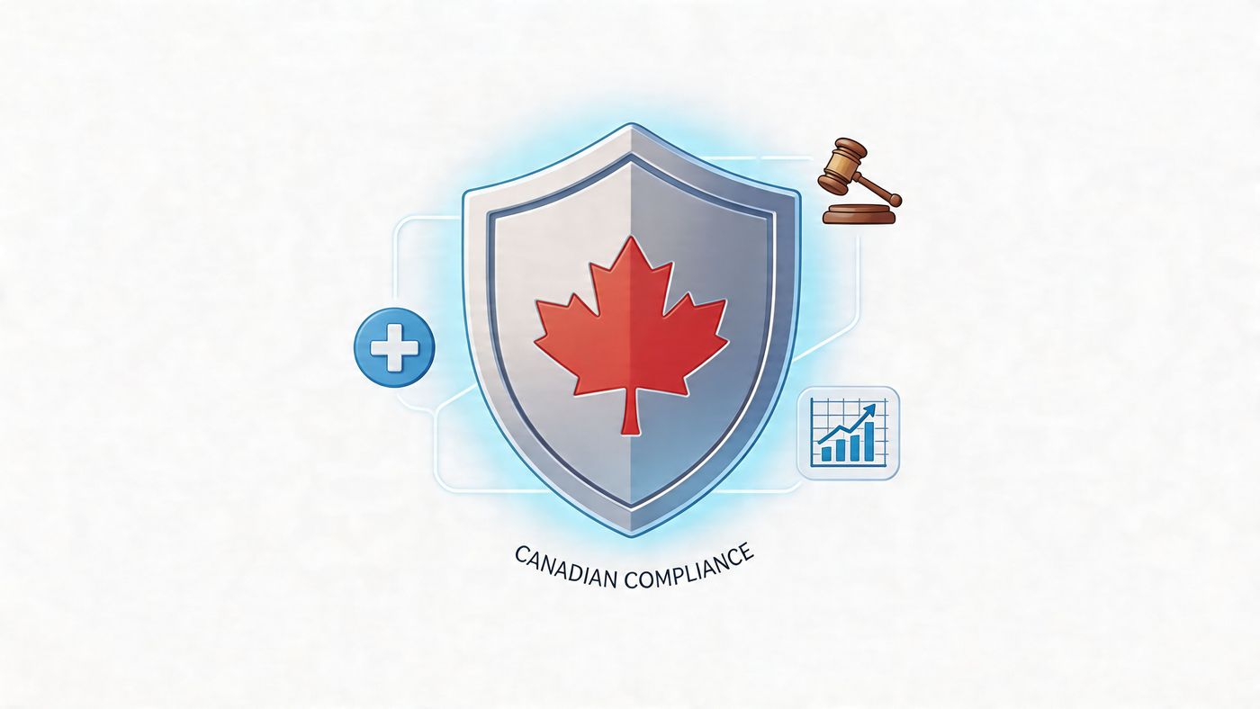 A metallic shield featuring a Canadian maple leaf icon, representing regulatory compliance and legal standards for Canada.