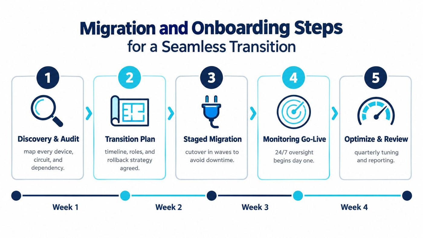 A five-step infographic showing the migration and onboarding process for transitioning managed network IT services.