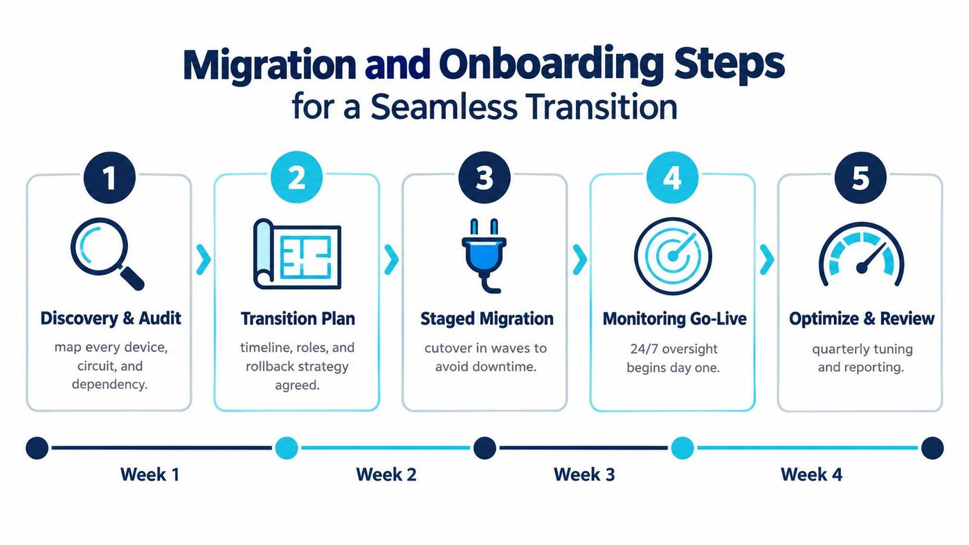 A five-step infographic showing the migration and onboarding process for transitioning managed network IT services.