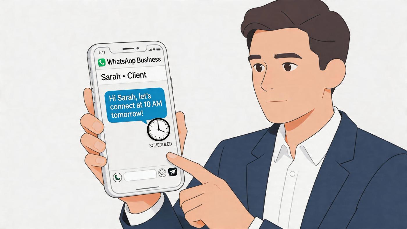 A professional man holding a smartphone showing a scheduled WhatsApp Business message to a client.