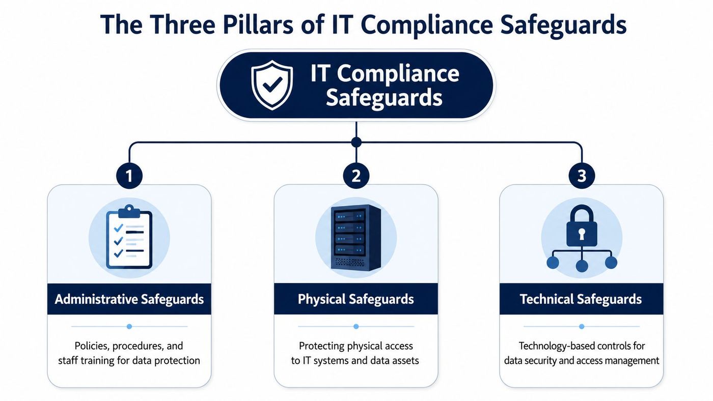 An infographic showing the three pillars of IT compliance safeguards: administrative, physical, and technical safeguards.