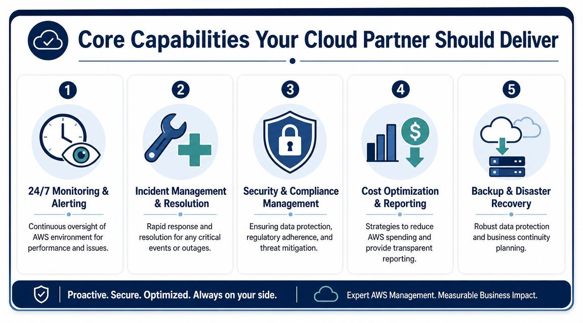 A diagram outlining five core capabilities for an AWS managed service cloud partner.
