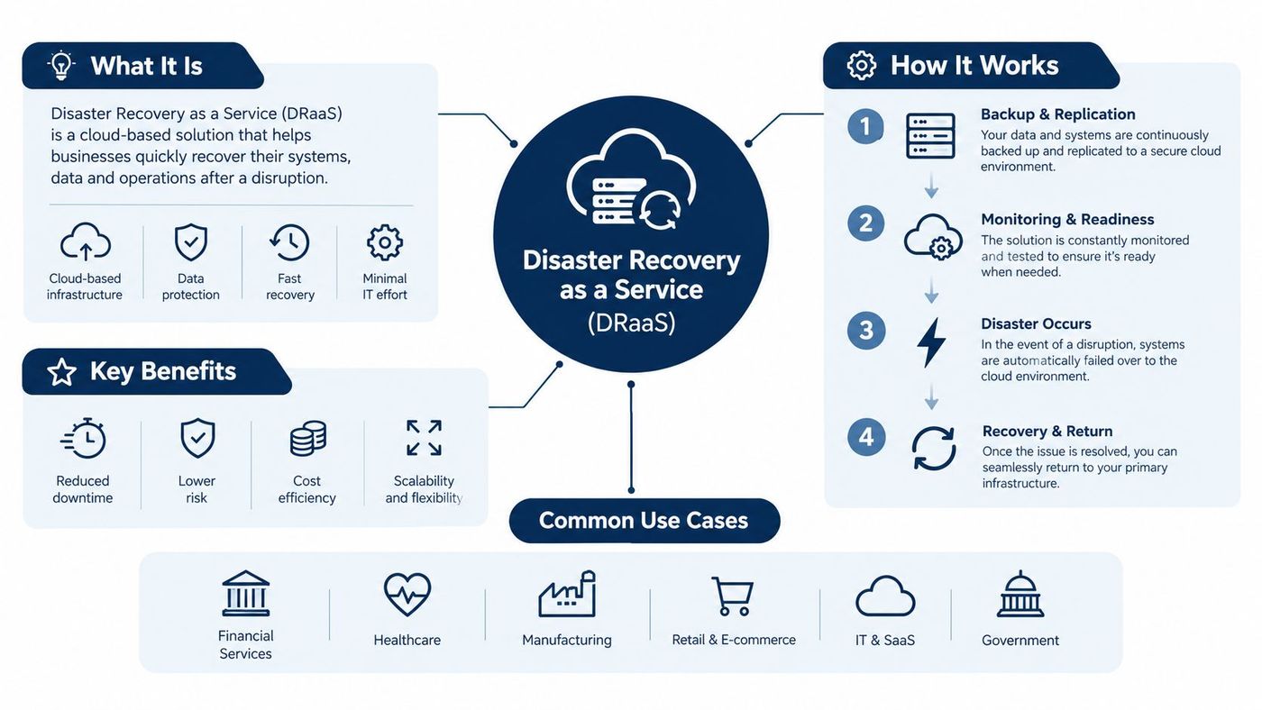 An infographic explaining Disaster Recovery as a Service, covering its definition, benefits, operational steps, and common industry use cases.