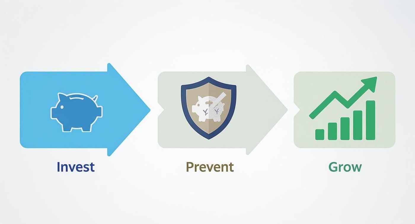 Invest, Prevent, Grow financial strategy depicted with icons: piggy bank, shield, and growth chart.