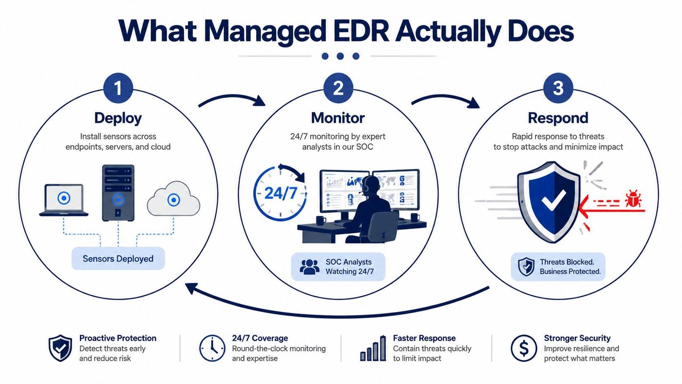 A diagram illustrating the three-step managed EDR process: deploying sensors, monitoring by experts, and responding to threats.