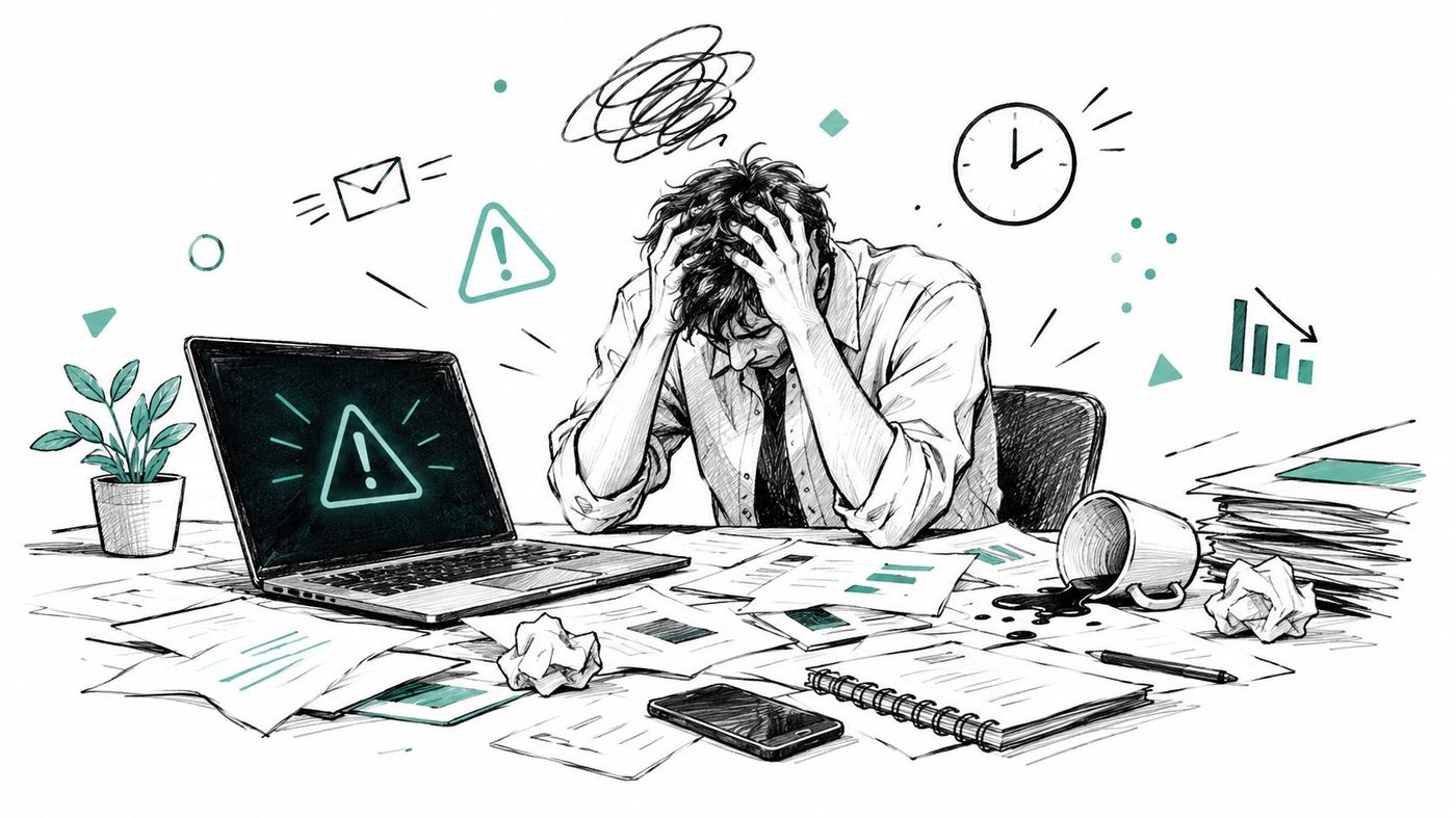 A stressed businessman sitting at a cluttered desk with a laptop showing a warning alert icon.