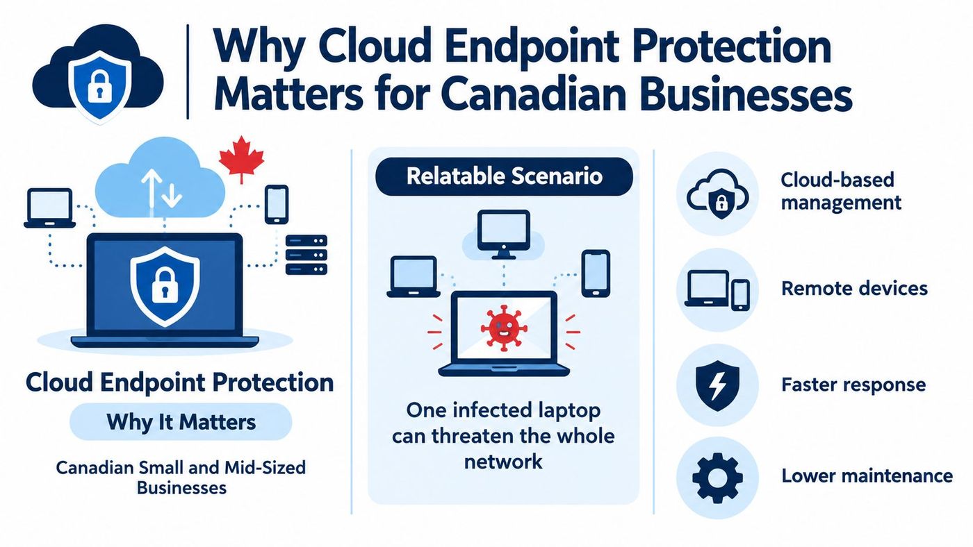 An infographic titled Why Cloud Endpoint Protection Matters for Canadian Businesses, showing network security risks and solutions.