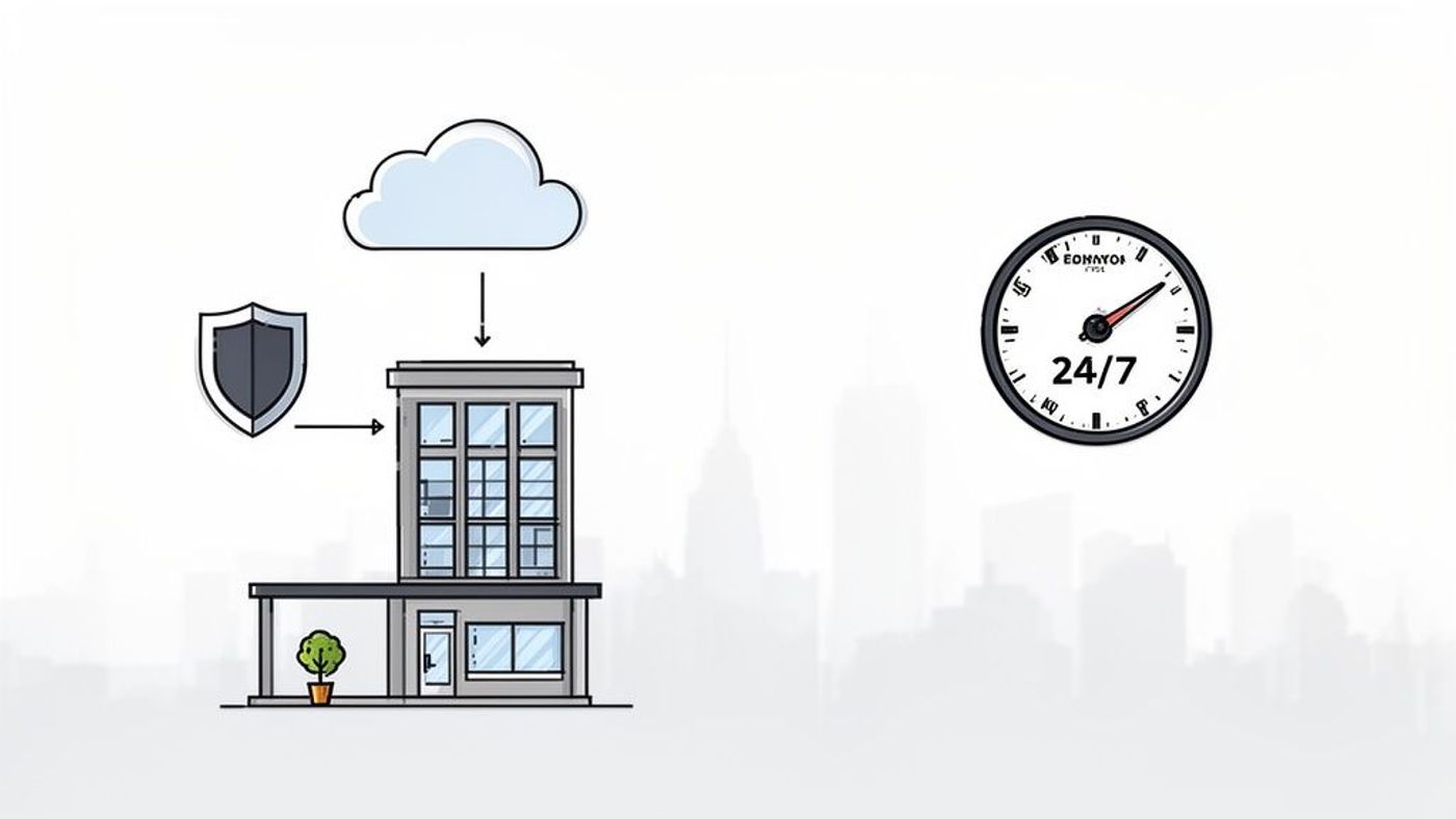 Illustration of a business building receiving secure cloud services and 24/7 managed IT support.