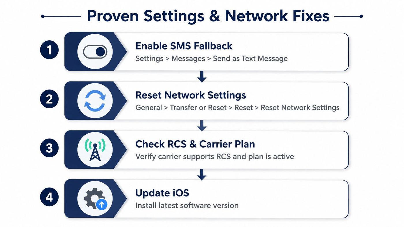 A four-step infographic illustrating troubleshooting steps to fix network and message settings on an iPhone.
