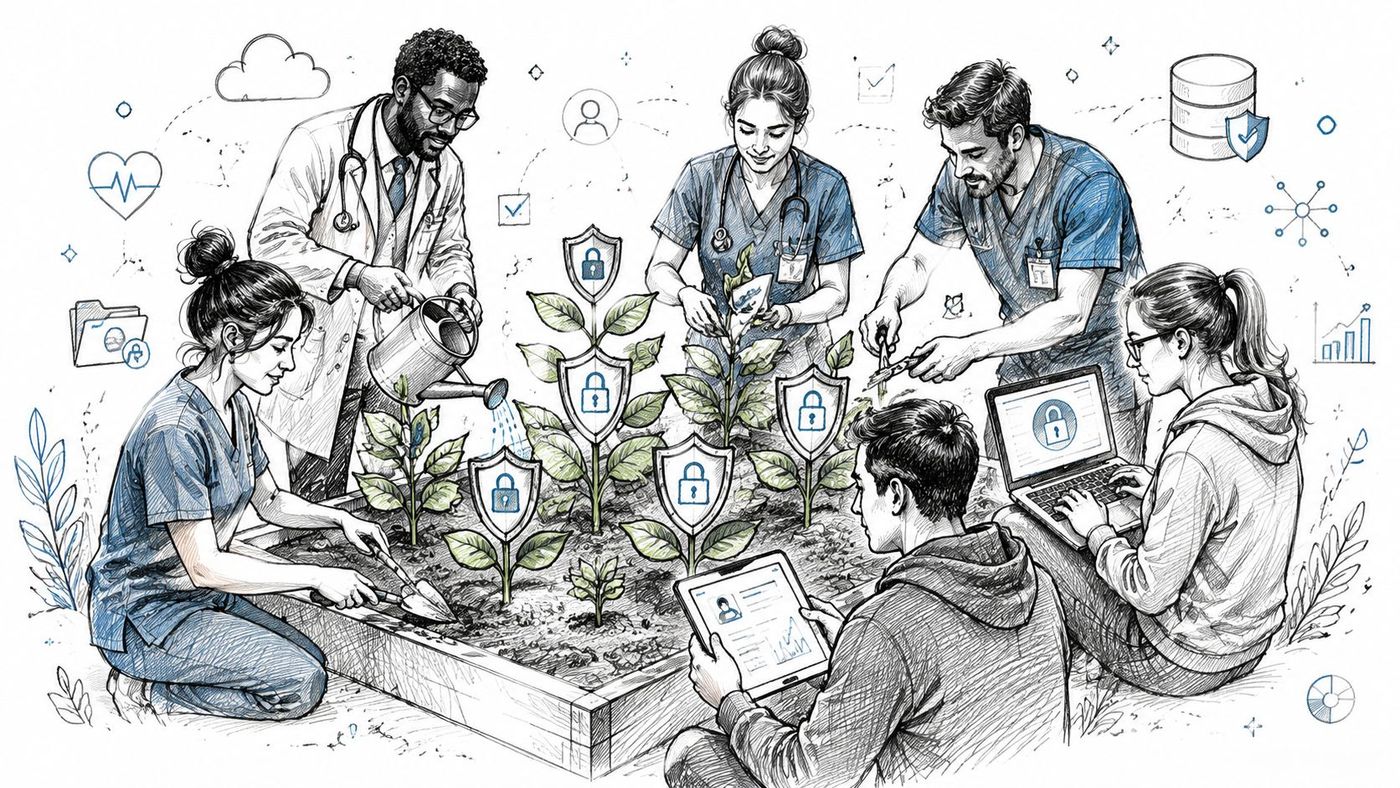 A team of medical professionals working together to nurture and secure healthcare data in a garden setting.