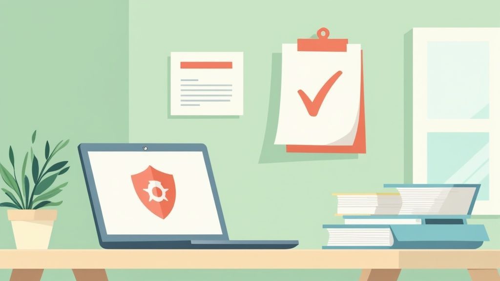 A clean illustration of a workspace with a laptop displaying a security shield icon, a plant, and office documents.