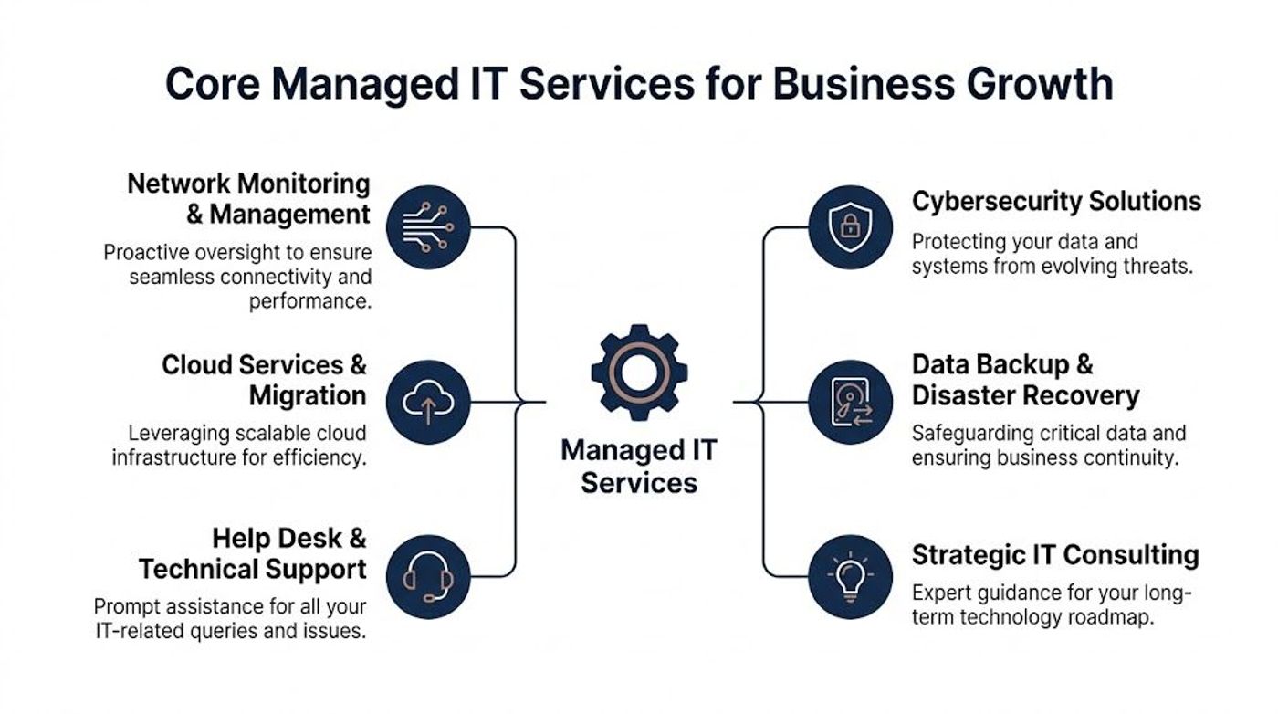 A diagram illustrating six core managed IT services including cybersecurity, cloud migration, and technical support for businesses.