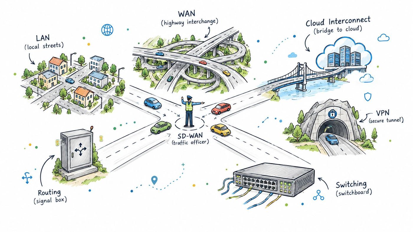 An illustration using a traffic control metaphor to explain various networking concepts like SD-WAN, LAN, and VPN.