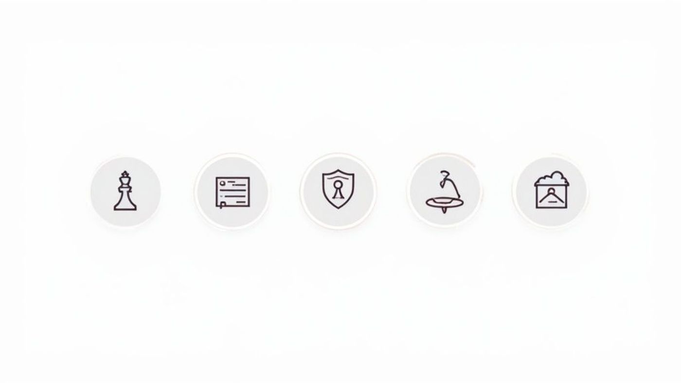 A row of five minimalist line-art icons: a chess king, document, security shield, abstract shape, and landscape.