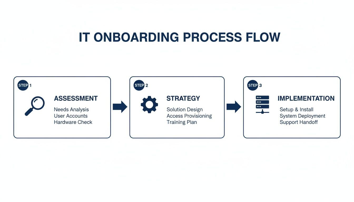 A three-step IT onboarding process flow diagram illustrating assessment, strategy, and implementation phases.