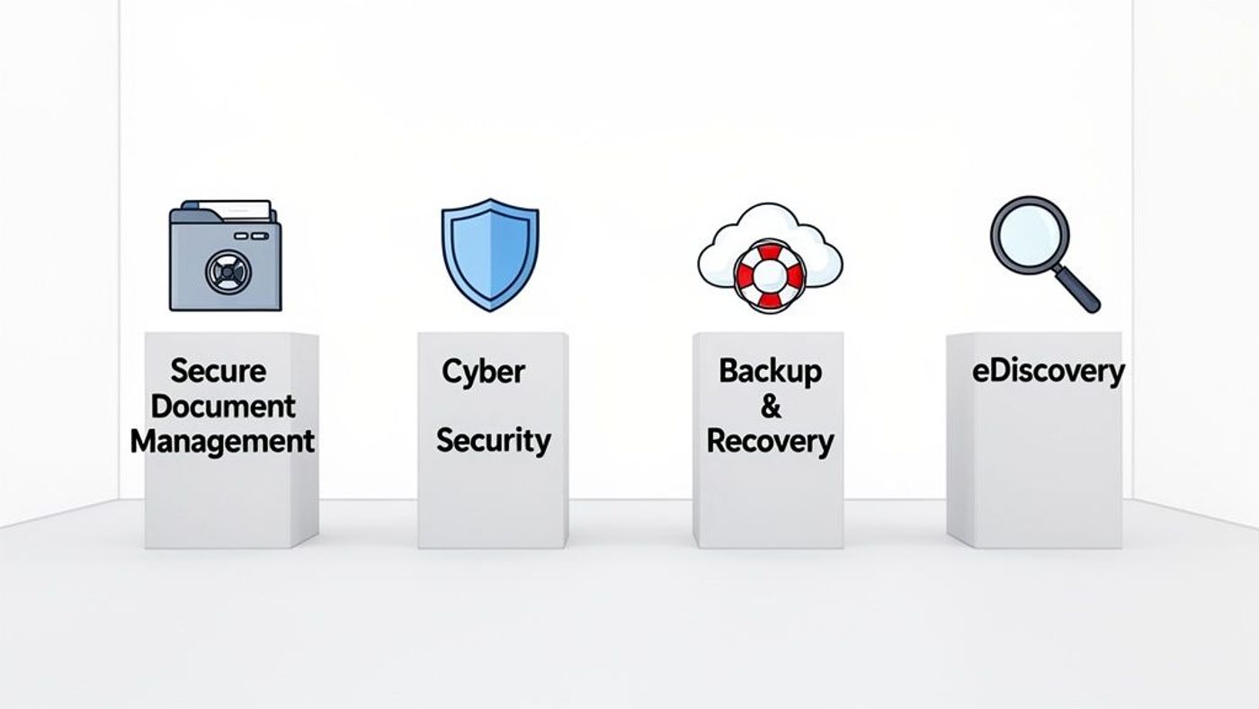 Four pillars representing IT services: secure document management, cyber security, backup and recovery, and eDiscovery.