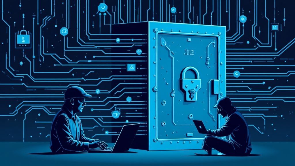 Two individuals using laptops in front of a digital vault and circuit board, illustrating cybersecurity.