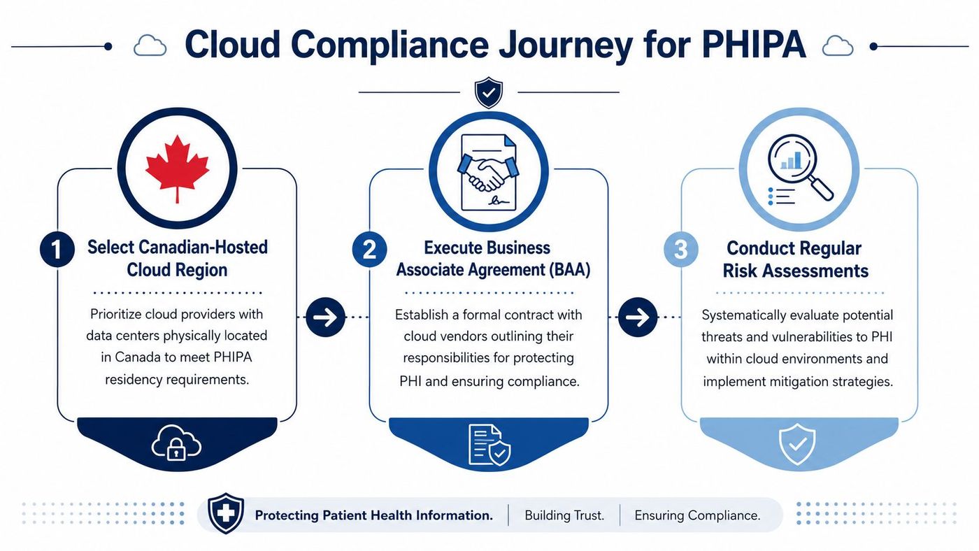 A three-step infographic outlining the cloud compliance journey for PHIPA, focusing on Canadian hosting, legal agreements, and risk assessments.
