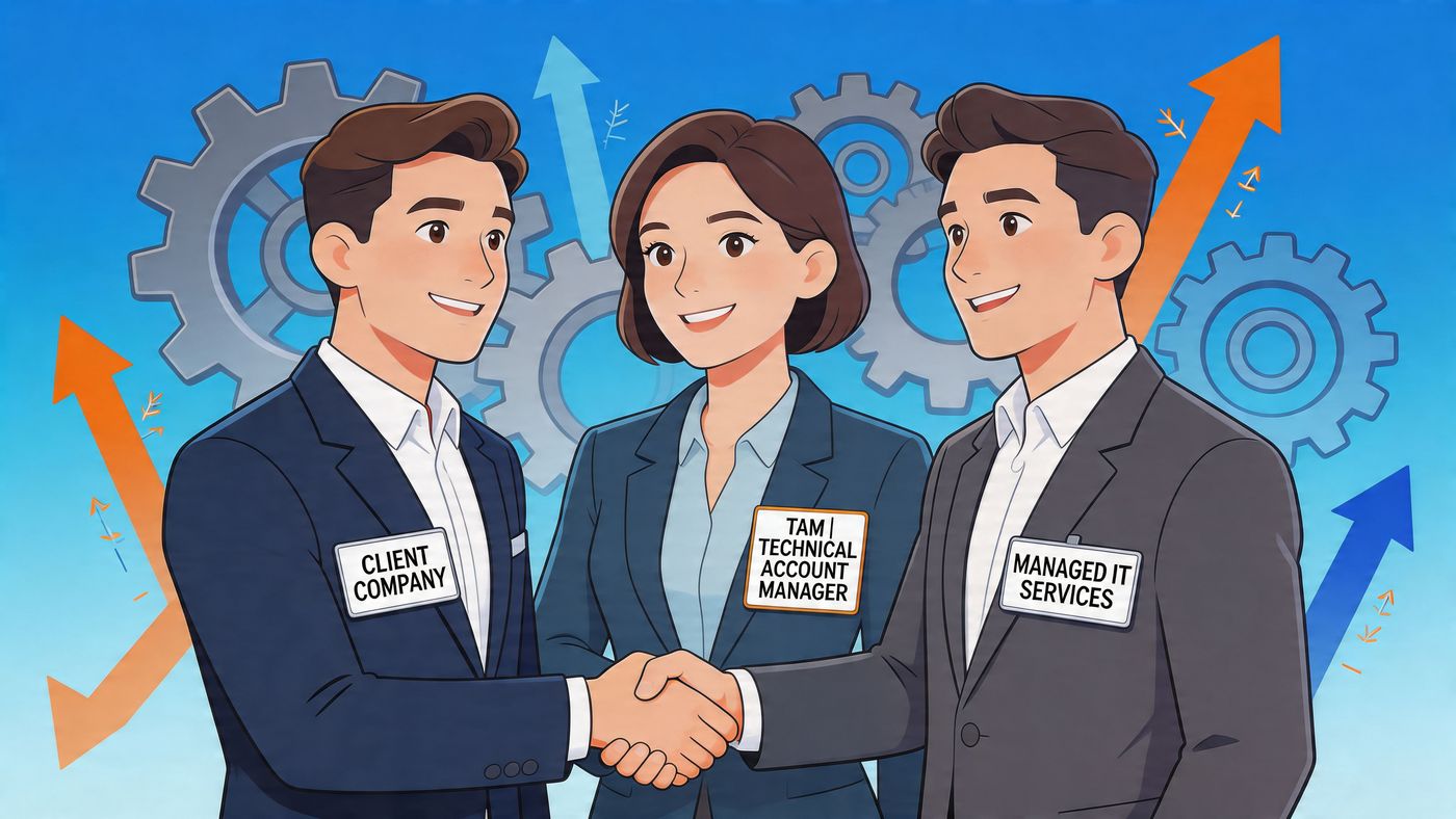 A professional handshake between a client company representative and a managed IT services provider with a technical account manager.
