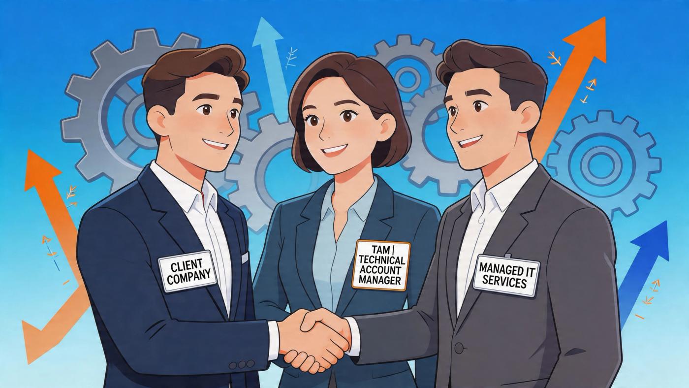 A professional handshake between a client company representative and a managed IT services provider with a technical account manager.