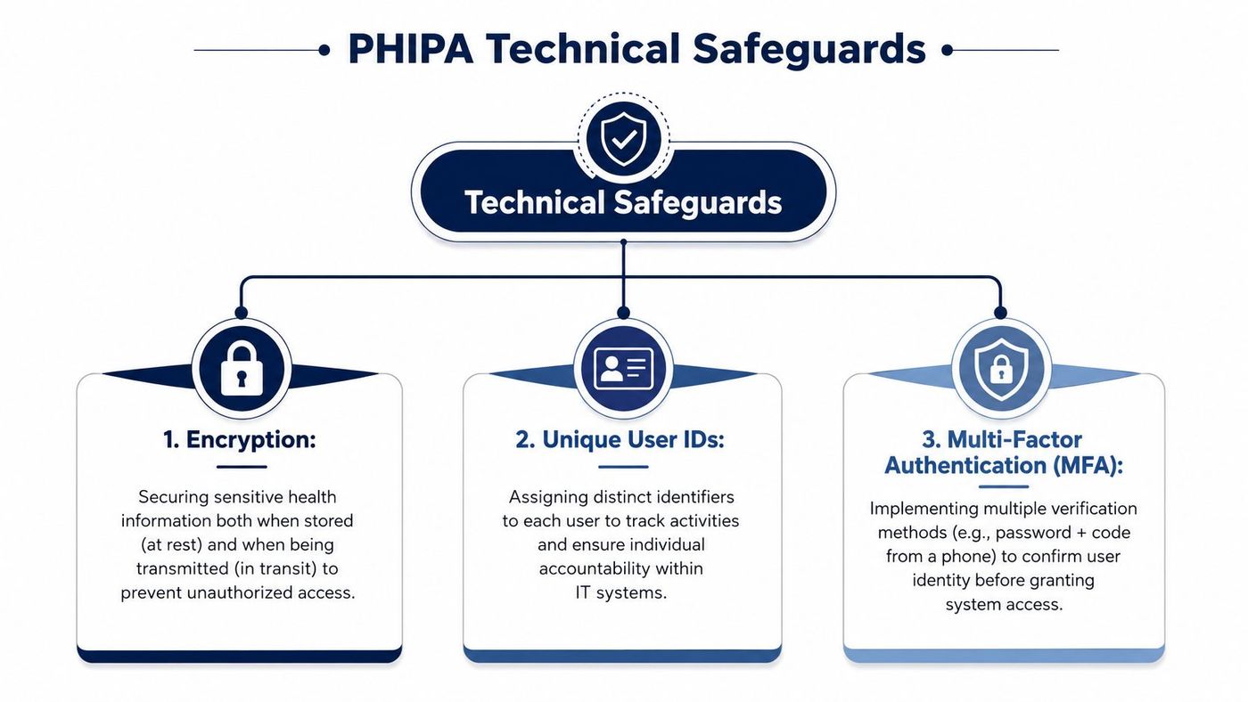 A diagram outlining three key PHIPA technical safeguards: encryption, unique user IDs, and multi-factor authentication.
