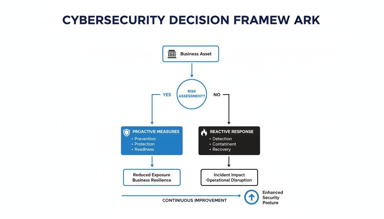 A cybersecurity decision framework flowchart detailing steps from business assets to risk assessment, proactive, and reactive measures, leading to continuous improvement.
