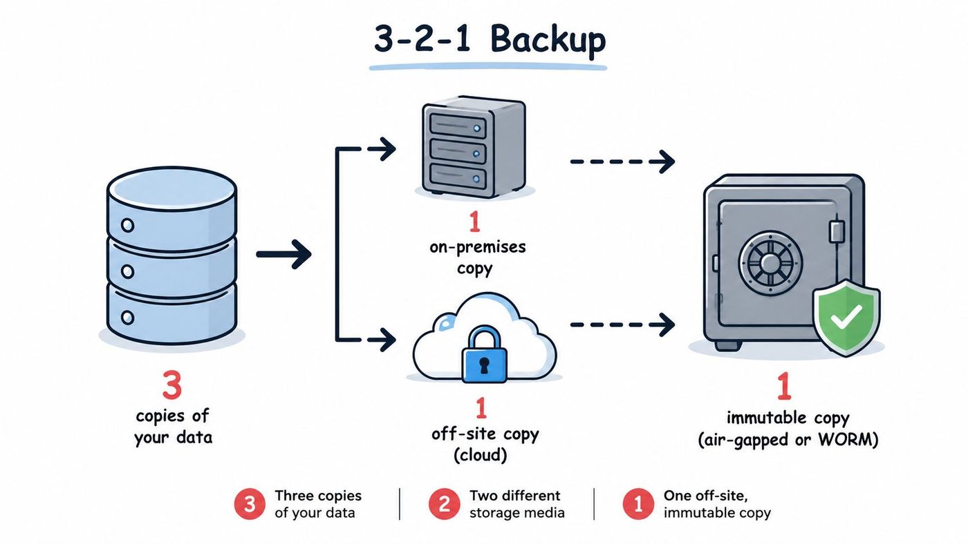 A diagram illustrating the 3-2-1 backup strategy for data protection and cyber security for businesses.