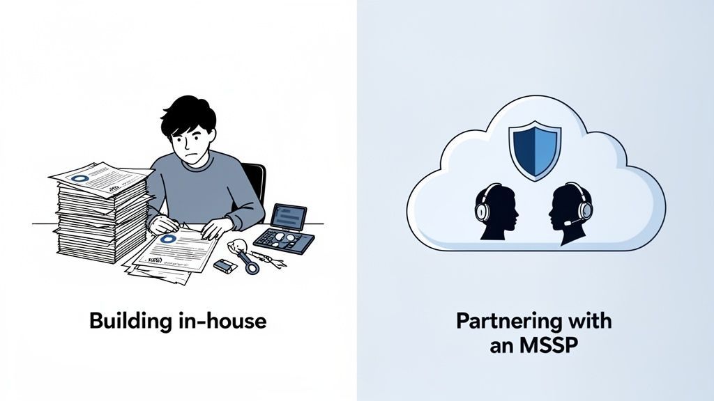 Visual comparison: stressed worker managing in-house security vs. efficient, secure MSSP cloud service.
