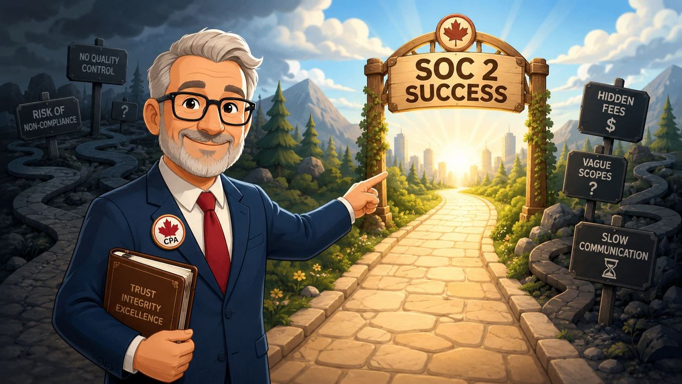 A professional accountant gesturing towards a sunlit path representing successful SOC 2 compliance in Canada.