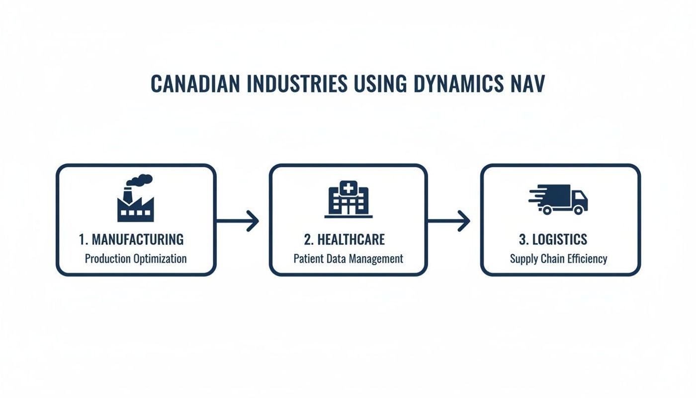 Flowchart showing Canadian industries using Dynamics NAV for manufacturing, healthcare, and logistics.