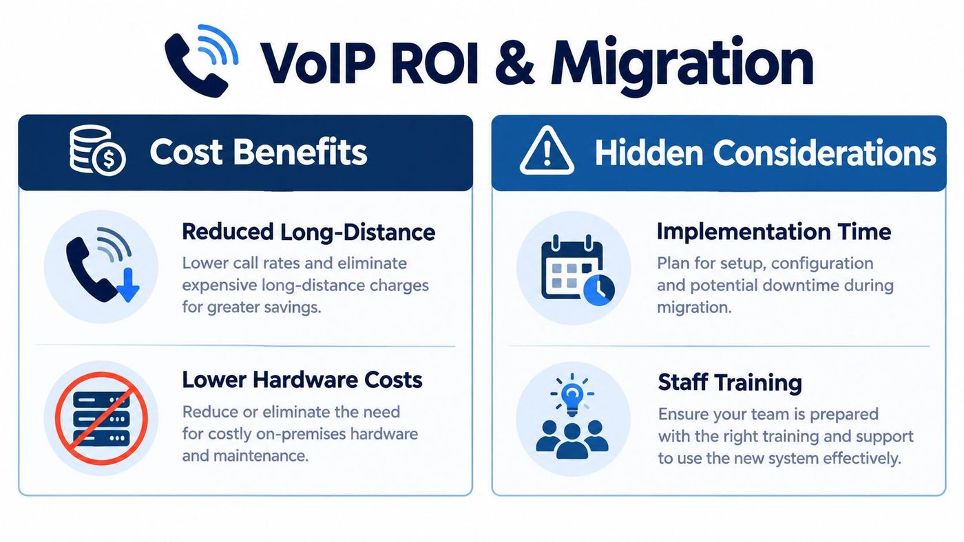 An infographic detailing the cost benefits and hidden considerations for business VoIP migration and ROI.