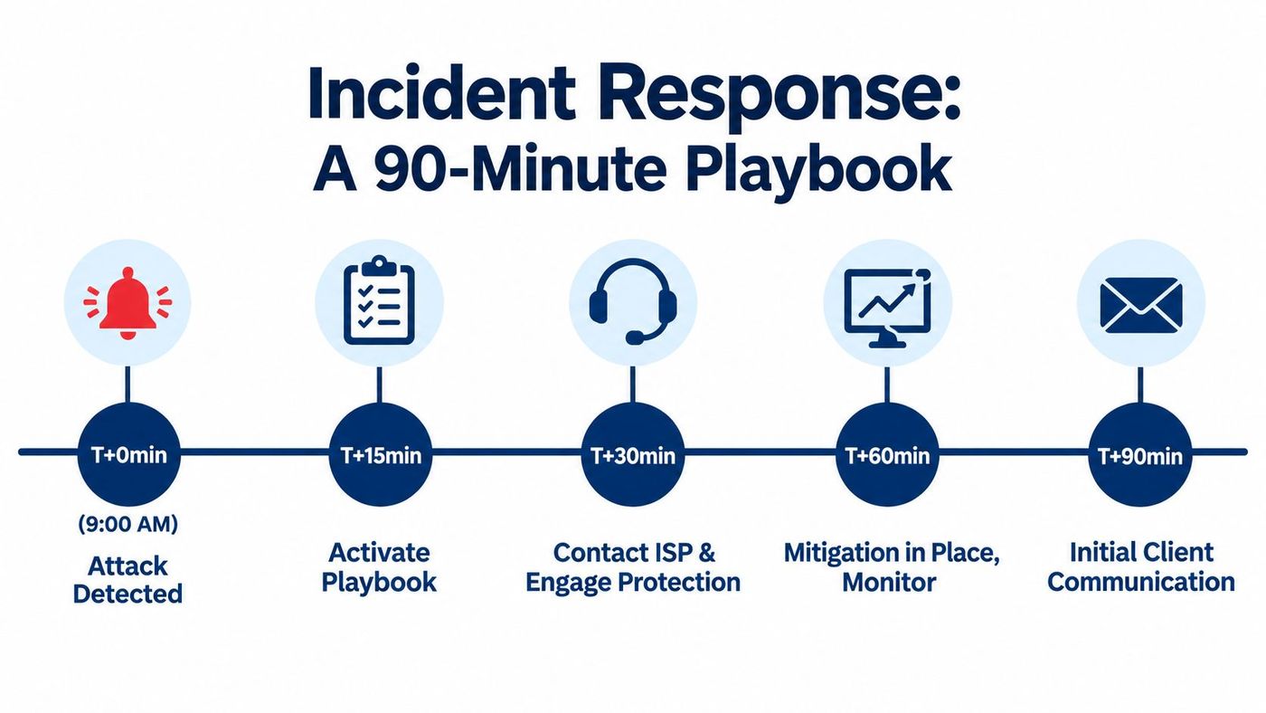 A timeline graphic showing a 90-minute incident response playbook for cybersecurity attacks, from detection to client communication.