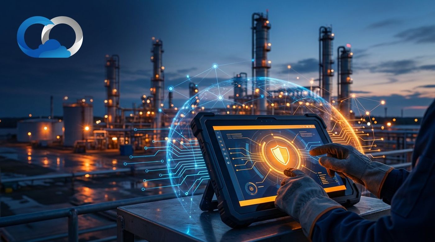 Hands in work gloves interacting with a tablet displaying a security shield over an industrial refinery.