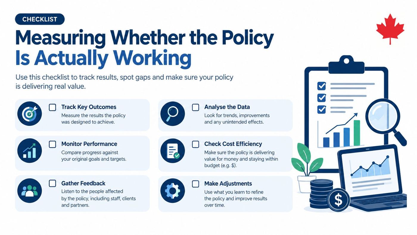 A checklist infographic for measuring policy effectiveness, featuring icons and steps for data analysis and performance tracking.