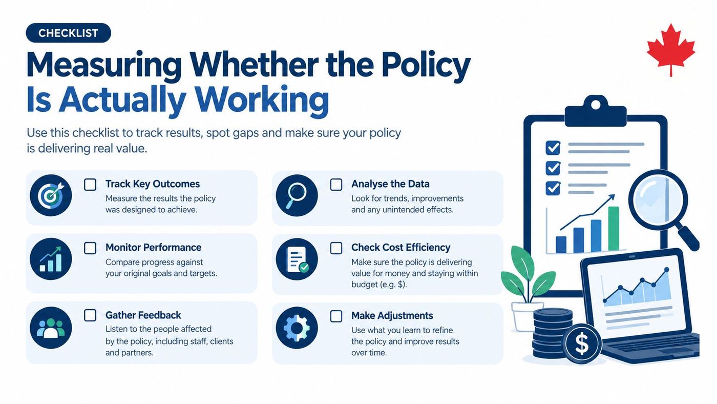 A checklist infographic for measuring policy effectiveness, featuring icons and steps for data analysis and performance tracking.