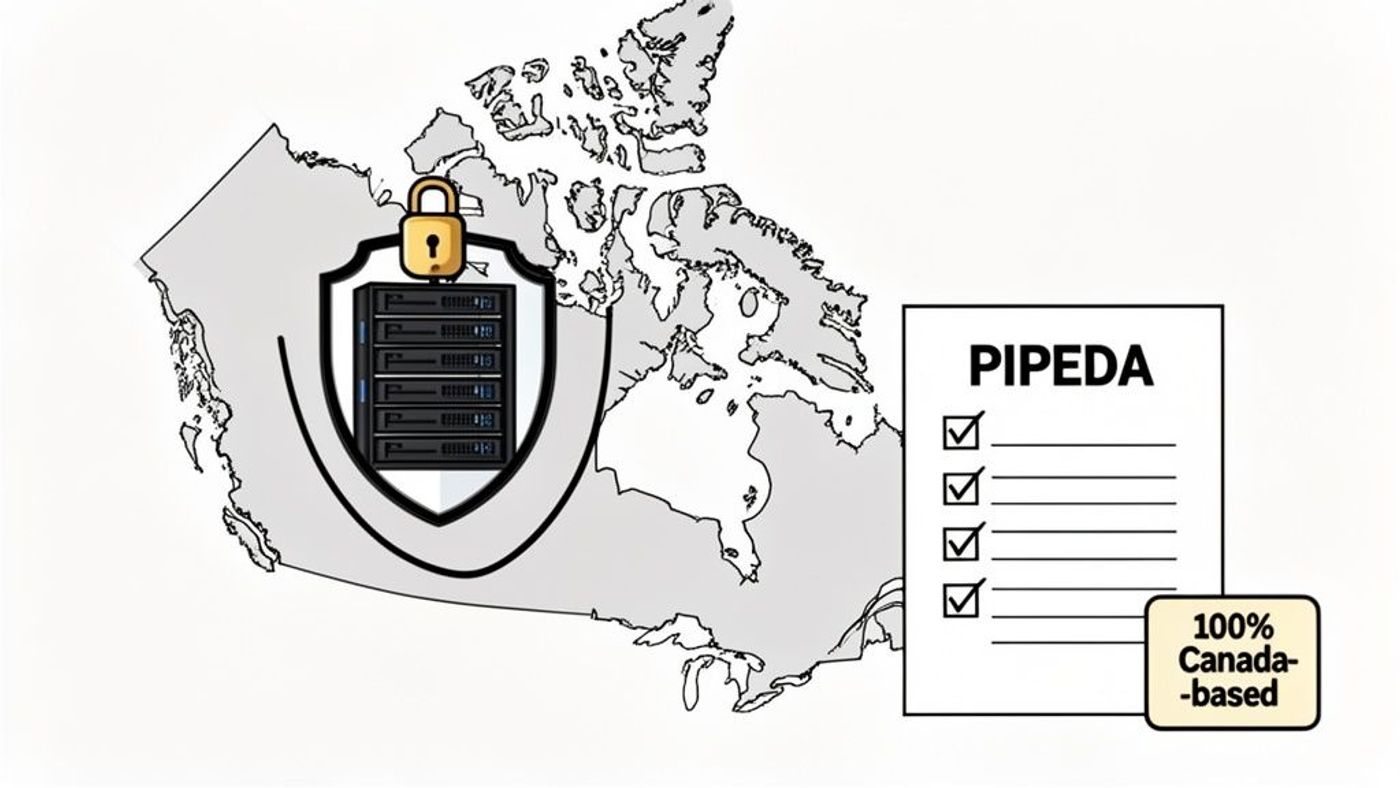 Illustration showing secure, Canada-based servers with PIPEDA compliance, emphasizing data privacy within Canadian borders.