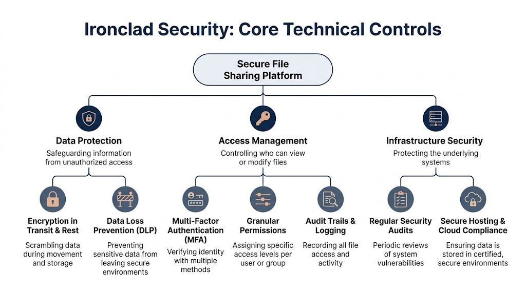A diagram illustrating core technical controls for a secure file sharing platform including data protection and access management.