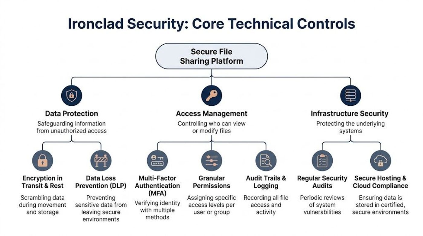 A diagram illustrating core technical controls for a secure file sharing platform including data protection and access management.