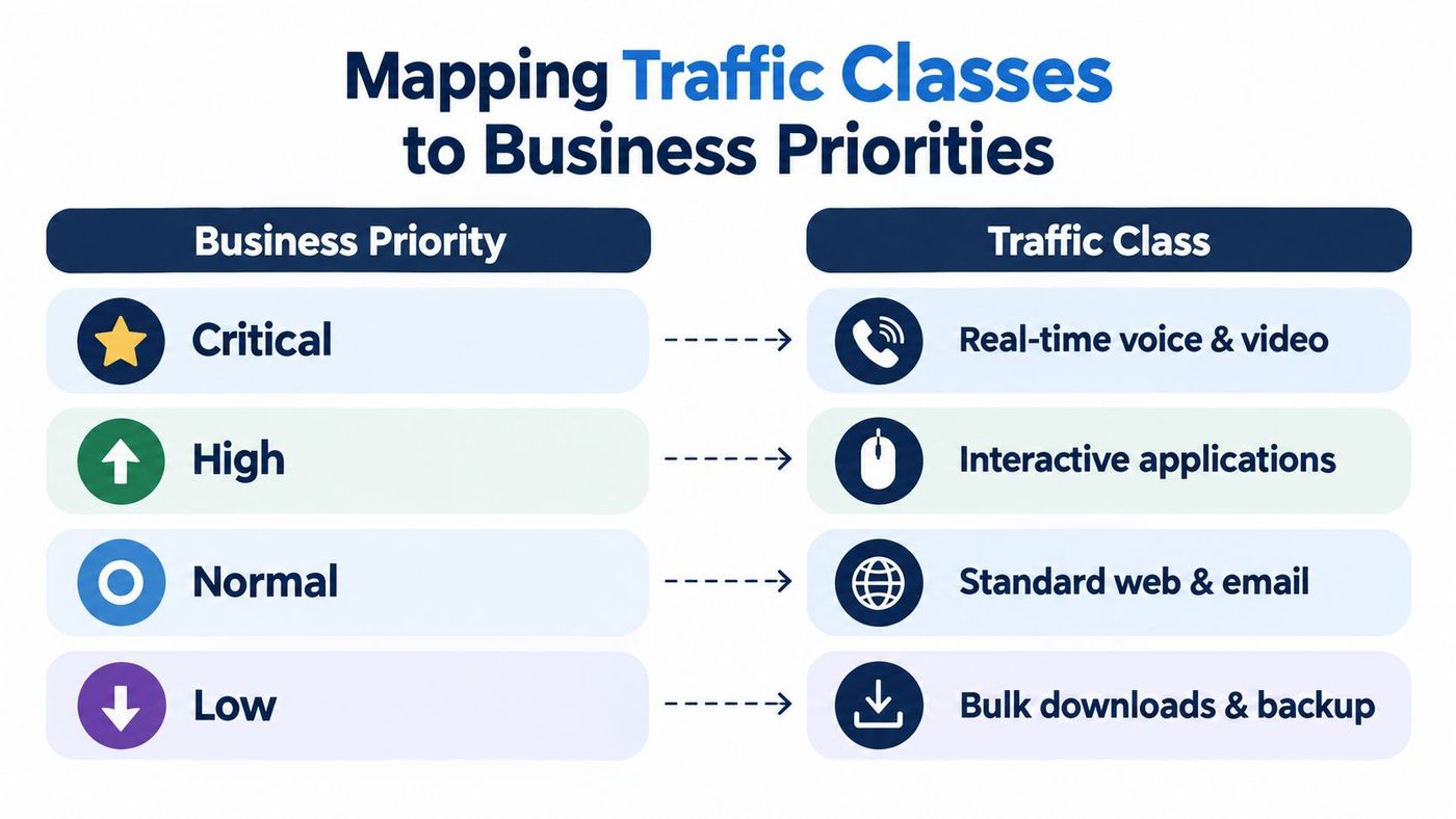 A chart illustrating the mapping of business priorities like critical or low to specific network traffic classes.